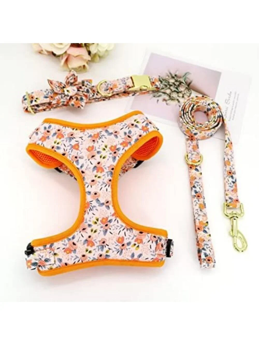 Floral Pattern Dog Collar, Harness & Leash Set - Cute Orange Design, Small Size